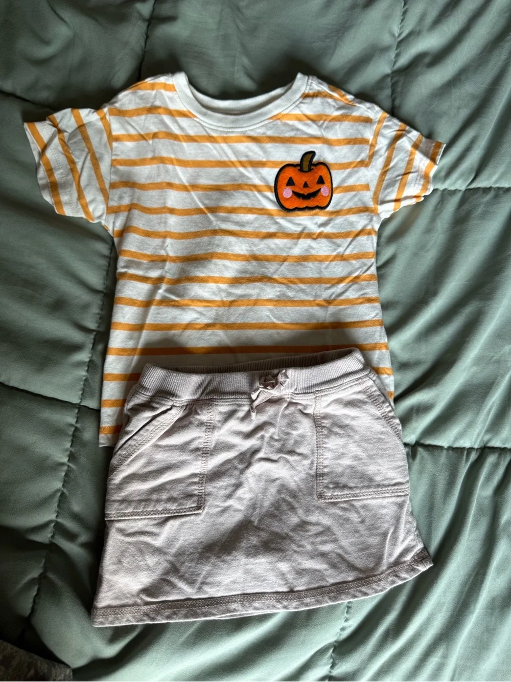 Old Navy White & Yellow Striped Tee with Pumpkin Accent